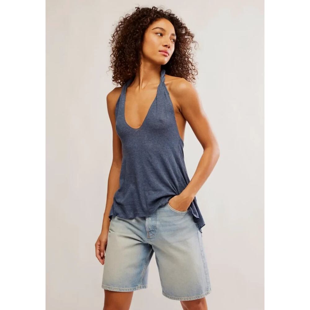 New Free People Top Large Blue Enough Said Halter Pullover Blouse